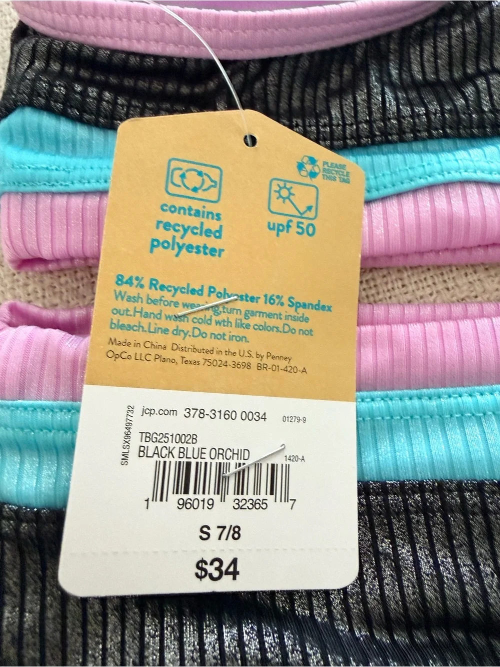 Thereabouts Girls 7/8 Metallic Ribbed 2 Piece Swimsuit Black Pink Blue NWT